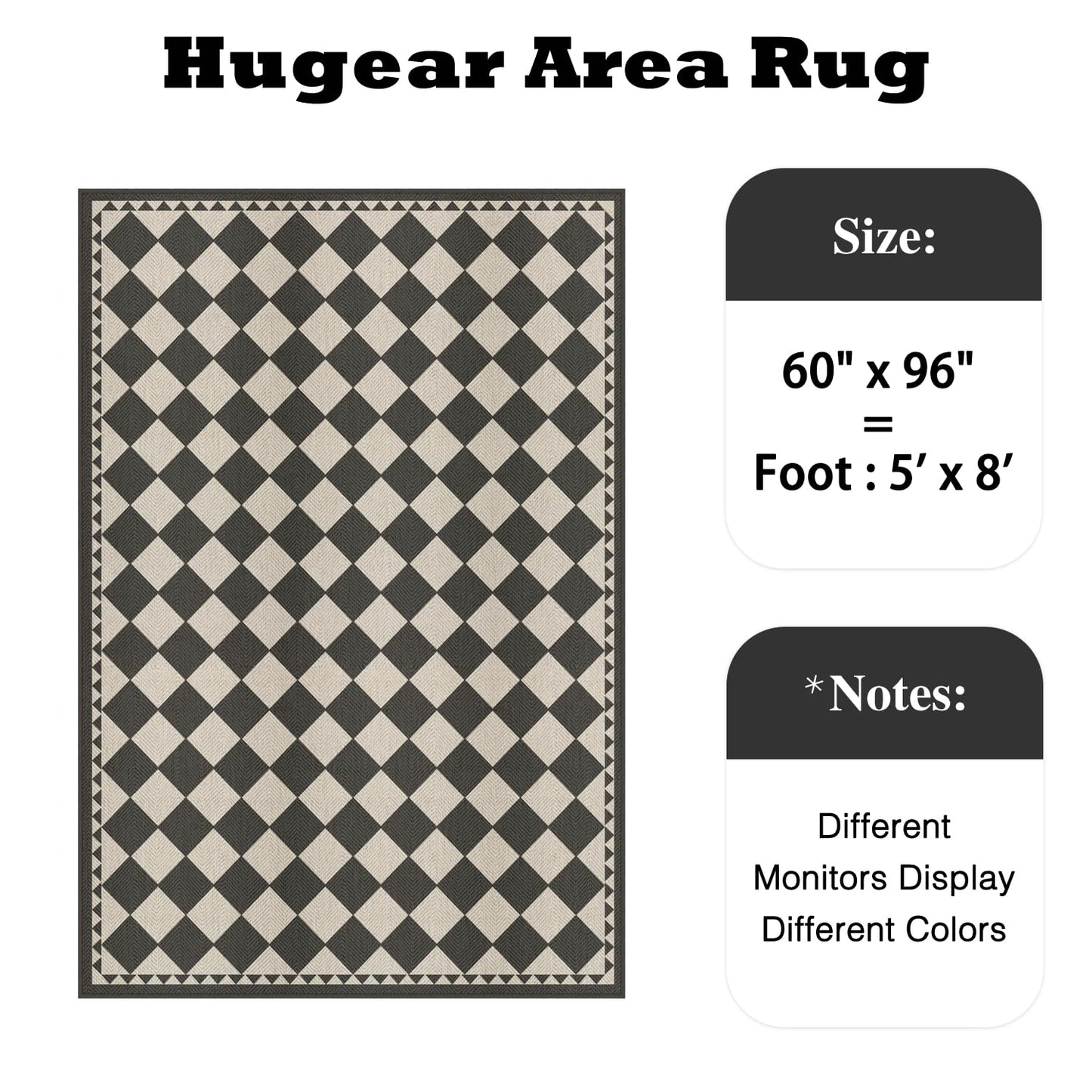 HUGEAR 5x8 Outdoor Rug Black/Beige Linen-Look Fabric Checkered Area Rug High Traffic Stain Resistant Easy Clean Durable Rugs for Indoor/Outdoor Patio Deck Balcony Porch Garden Courtyard