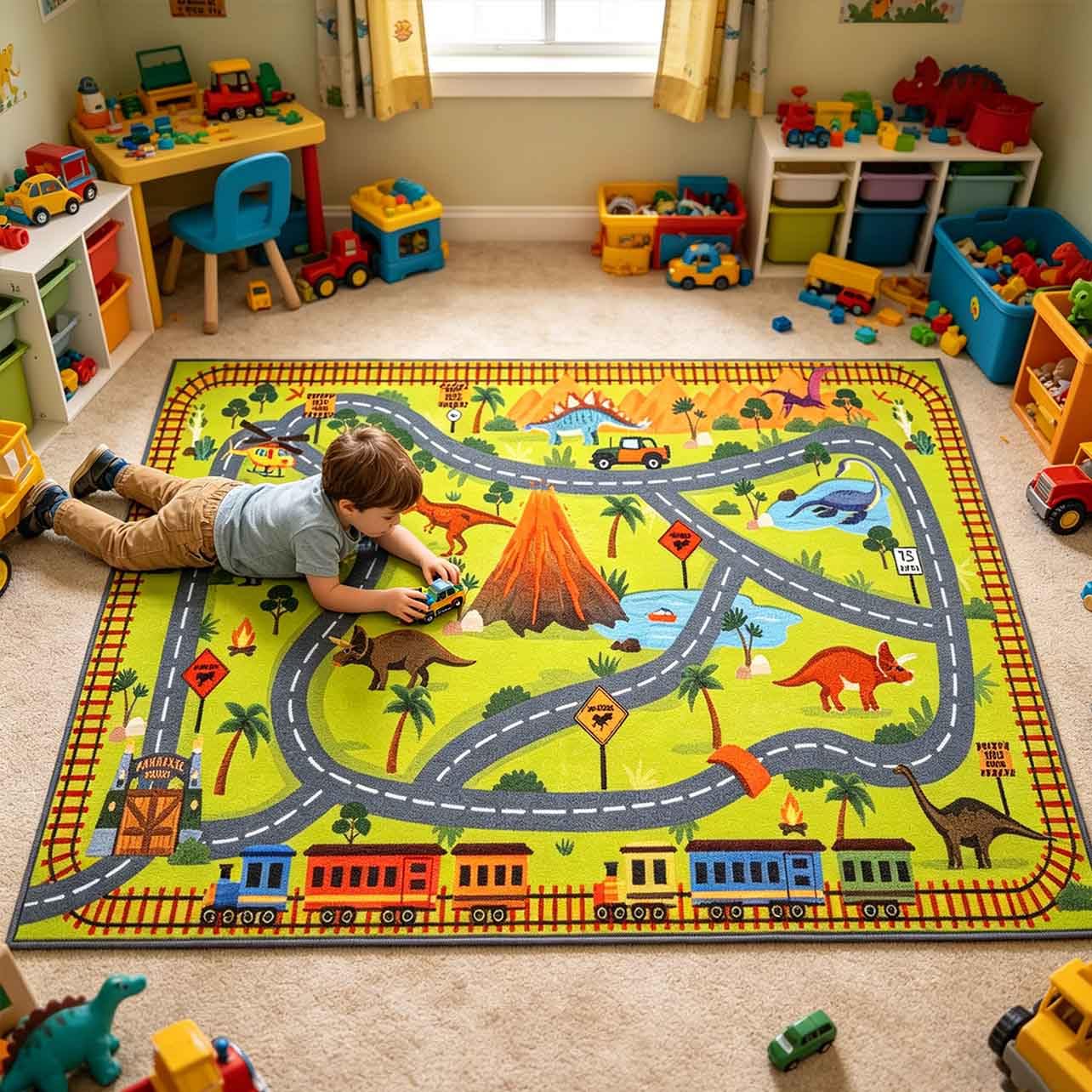 LIVEBOX Kids Dinosaur Car Rug Play Mat, Washable Playroom Rug with Roads for Toy Cars, Non Slip Safari Dino Park Adventure Carpet for Boys Bedroom（ 5.3x6.6 ft ）