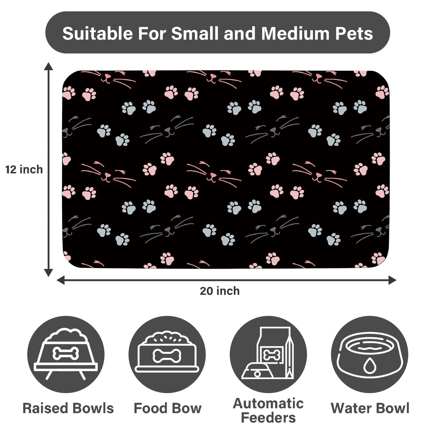 Patterned Cat & Dog Bowl Mat for Food and Water, 12"×20" Quick Dry Absorbent Pet Feeding Mat, Eco-Friendly Dog Placemat