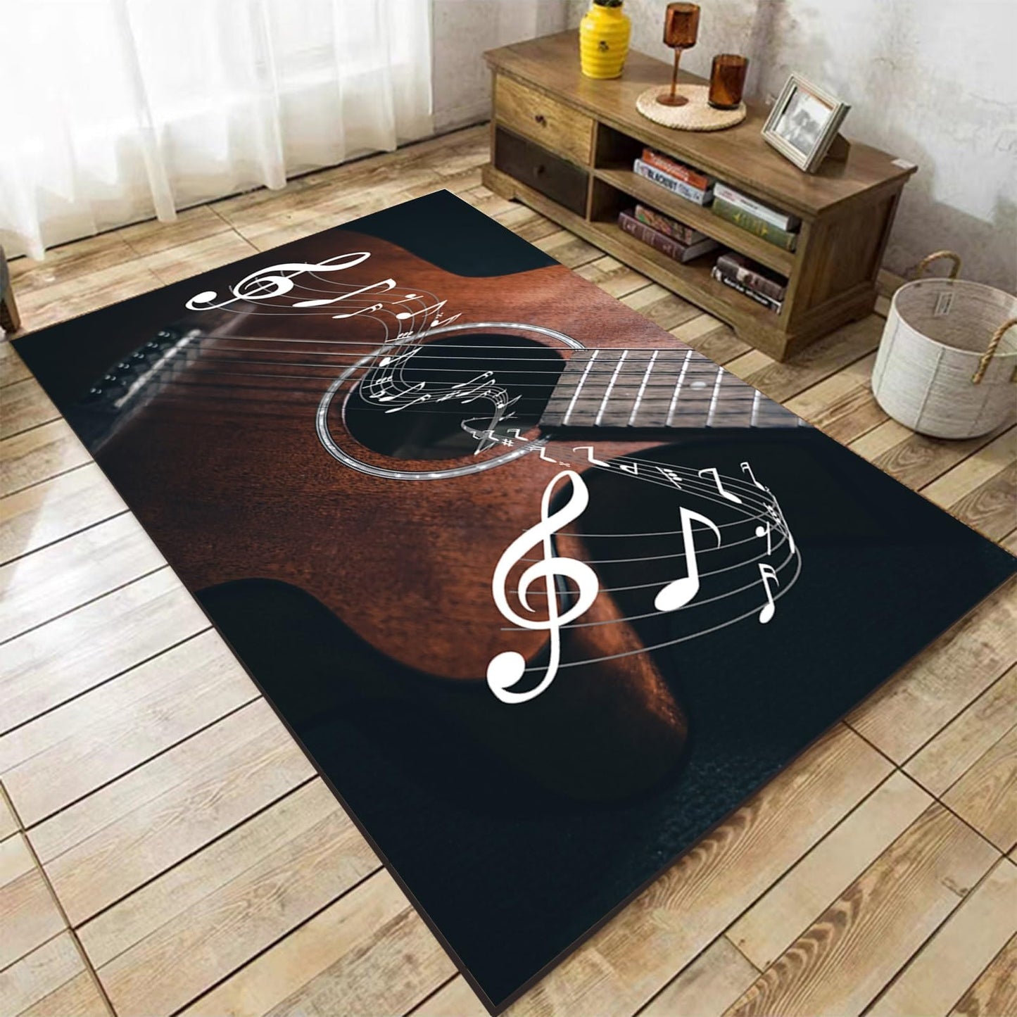 Guitar Print Indoor Rug, 5x7ft, Music Instrument Guitar Floor Rugs, Soft Durable Fade Resistant Machine Washable Carpet, with Non Slip Backing Non Slip Rugs for Family Living Room