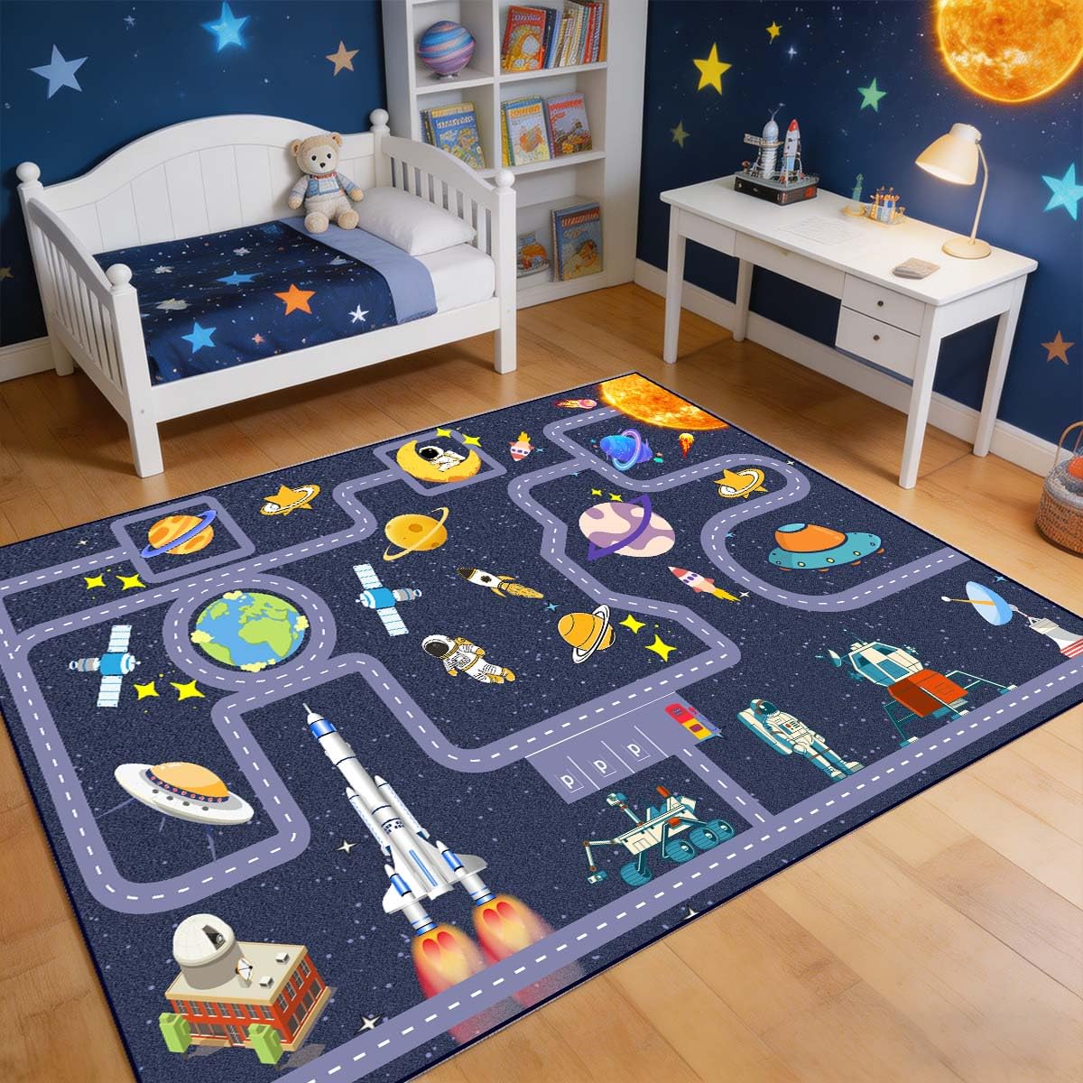 Pyrrhite Outer Space Kid Rug，Boys Car Rug for Kids Toy Cars Have Fun Safely, Non-Slip Educational City Road Rugs Carpets for Kid Room Bedroom（47×31 in