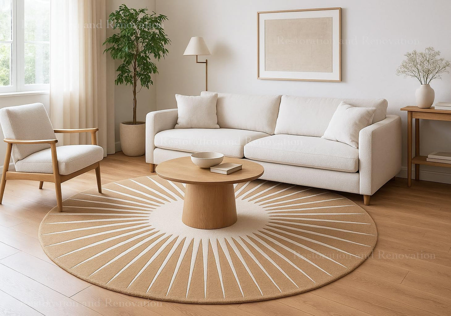 Restoration and Renovation Modern Round Area Rug – Hand-Tufted with 100% NZ Wool, Thick & Soft Circular Carpet for Living Room, Bedroom & Dining Room Decor (Warm Natural, 3' Round)