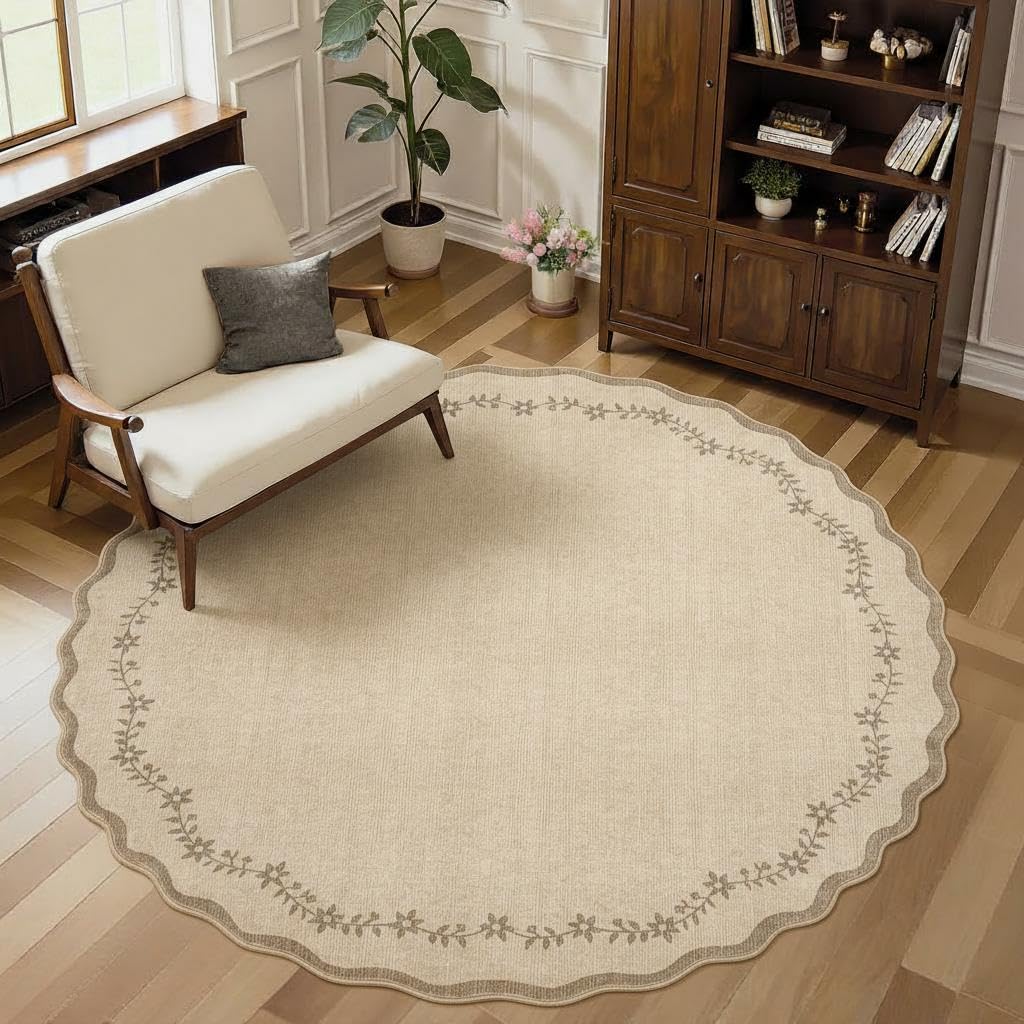 GarveeHome Round Area Rugs 4ft for Kids Room, Solid Jute Scalloped Washable Circle Rug Soft Non Slip Floral Print Floor Mat Tan Carpet Indoor Thin Tent Rug for Bedroom Dining Room Playroom Nursery