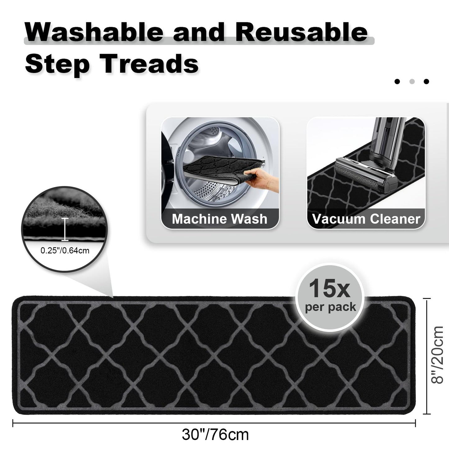 Stair Treads Non-Slip Carpet Indoor, 15 Packs 30X8in Stair Carpet Runners for Wooden Steps with Reusable Adhesive for Kids Elders, and Dogs, 100% Polyester Surface TPR Backing Stair Rugs, Black