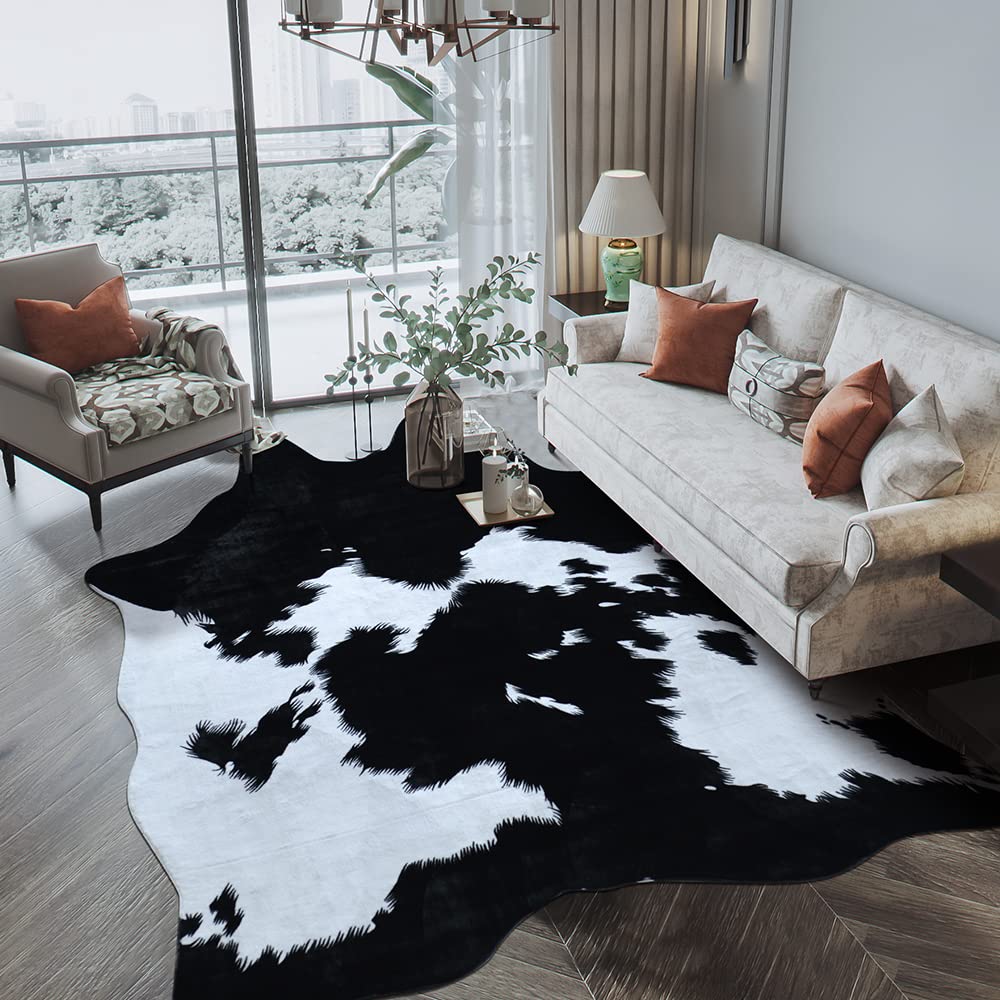 Rugoo Black Faux Cowhide 8.3 ft x 6.2 ft Cow Print Faux Animal Skin Faux Fur Rug for Living Room, Bedroom, Nursery