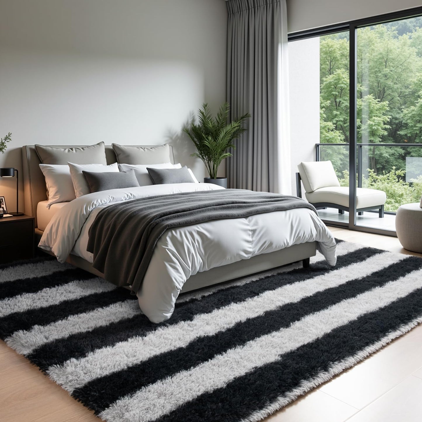 Zentavio Area Rugs for Living Room Large Rugs for Bedroom 5x8 Carpet Fluffy Fuzzy Soft Shag Aesthetic Plush High Pile Gray Throw Rug for Nursery Kids Room Dorm Horizontal Stripes Black Grey