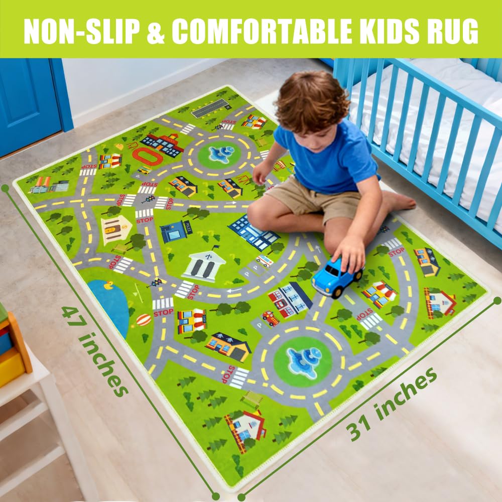 Xuzrdaa Kids Carpet Car Rug Play Mat, Road Rug - Play Learn and Have Fun Safely - Extra Large Thick (0.6cm) Kids Carpet for Playroom, Kids Bedroom, Toddler Room, Non-Slip Rugs(KR1,2.6 * 4ft)