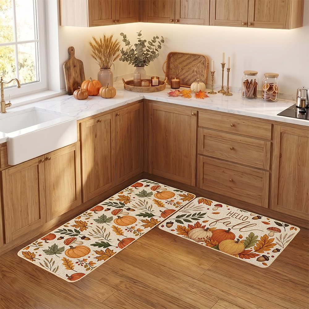 Baccessor Fall Kitchen Rugs Set of 2, Pumpkin Mushroom Kitchen Mats for Floor Washable Low-Profile Farmhouse Autumn Holiday Home Indoor Outdoor Decor 17x29 and 17x47 Inch