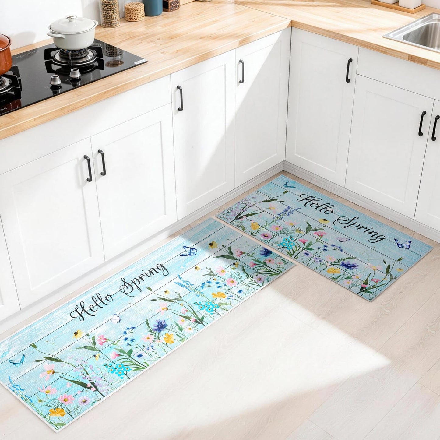 WERNNSAI Hello Spring Kitchen Decor Rugs Set- 2 Piece Kitchen Mats Non-Slip Kitchen Backing Area Rugs Sweet Home Doormat Washable Waterproof Standing Mat for Indoor Outdoor Entry Floor