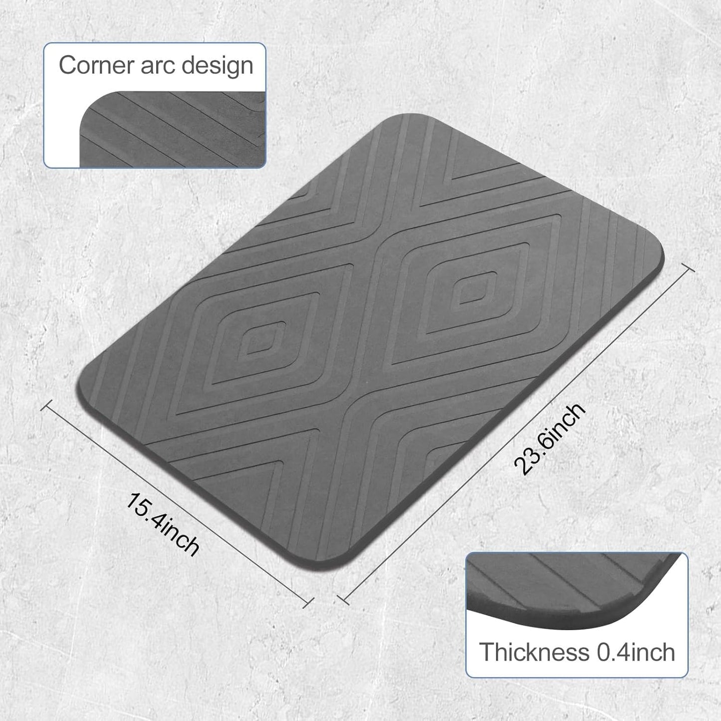 HUMIGA 2 Pack Stone Bath Mat, Diatomaceous Earth Shower Mat, Non-Slip Super Absorbent Quick Drying Bathroom Kitchen Floor Mat, 24x15, Grey