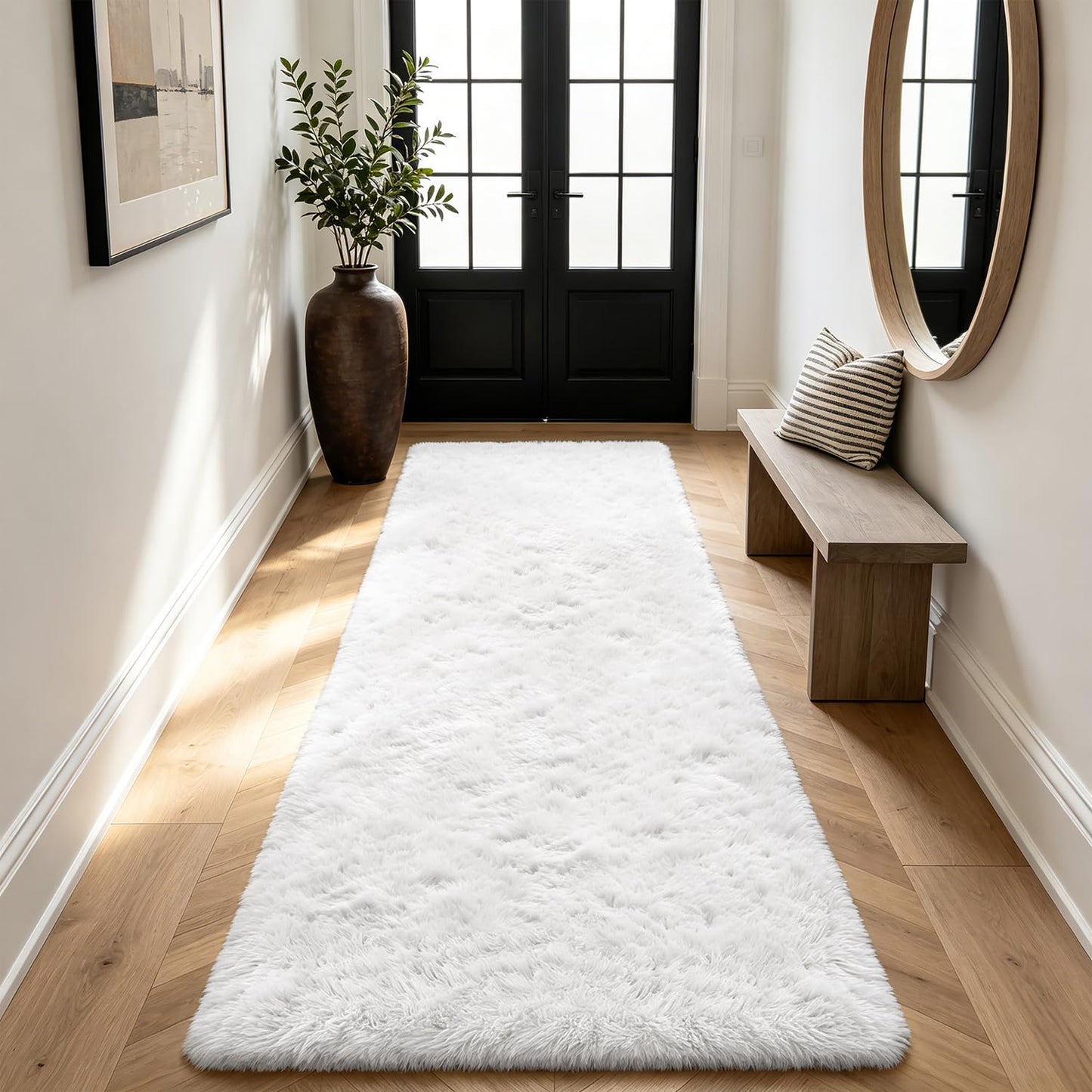 Shag Runner Rug for Bedroom Living Room 3x7 Upgrade Non-Slip Fluffy Soft Bedside Rugs,White Shaggy Carpet for Kids Girls Boys Dorm Nursery Home Decor Aesthetic