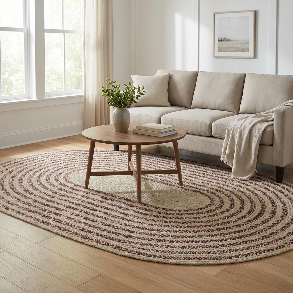 Cotton Braided Rug - 5' x 7' Beige and Burgundy Oval Woven Farmhouse Rug for Living Room - Braided Minimalist Rugs for Bedroom - Rustic Primitive Rugs for Dining Room