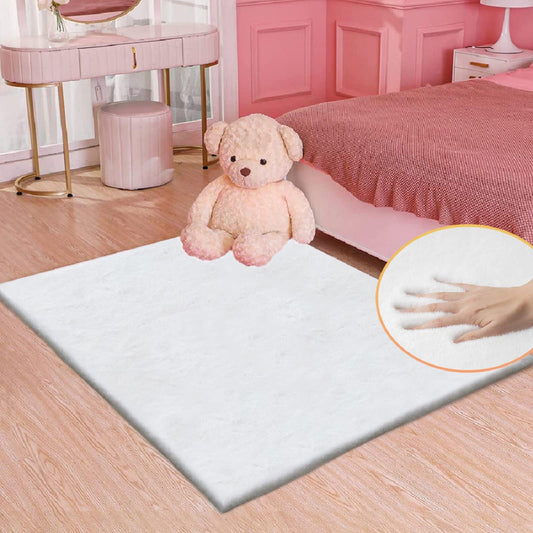 ORINOVA White Shaggy Bunny Fur Rugs for Living Room Washable Furry Area Rugs for Bedroom Nursery Rug 3x5 Teen Room Décor Boho Rug