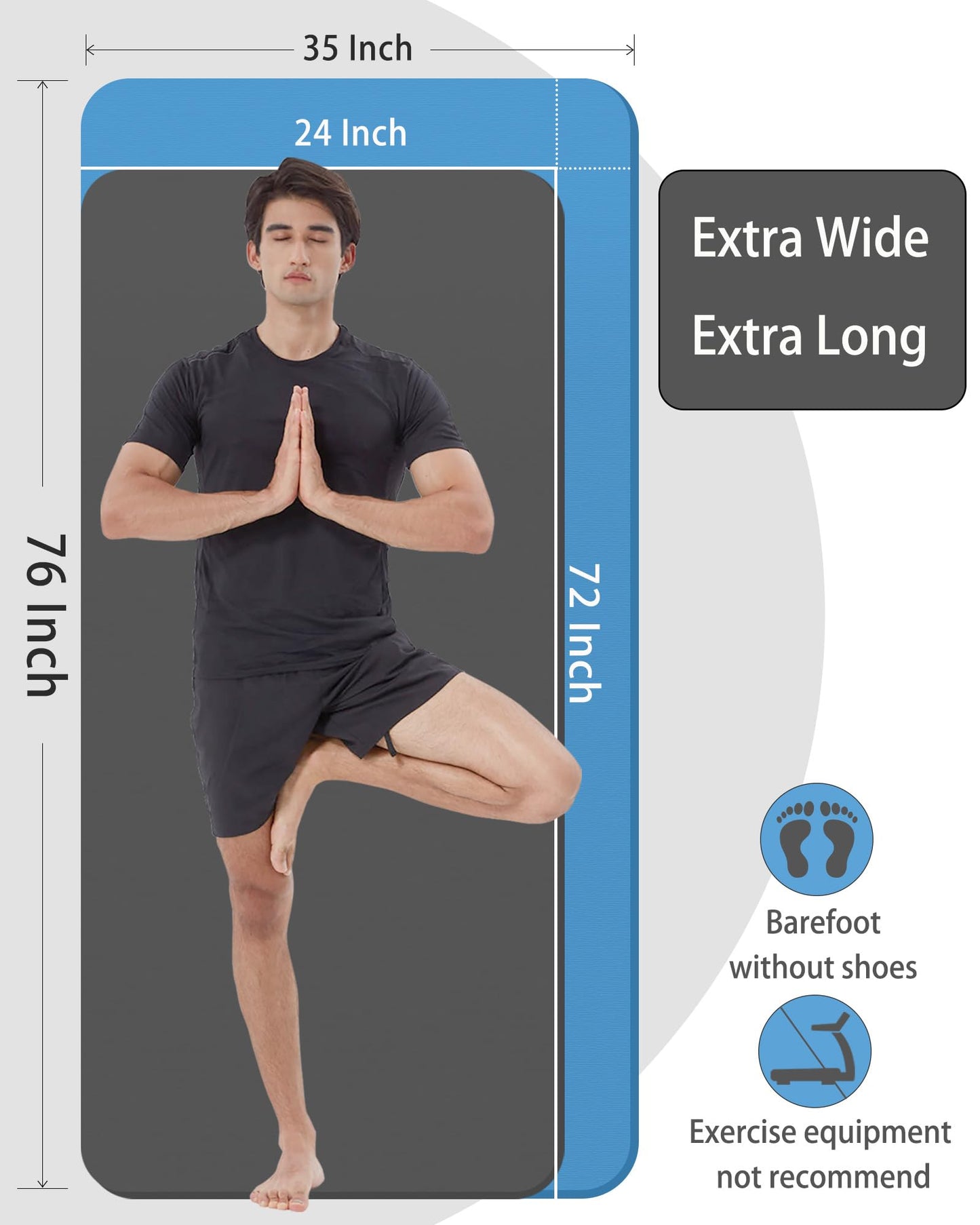 YR Large Yoga Mat for Men Exercise Mat 76"x35" 15mm Thick Foam Mat - Blue