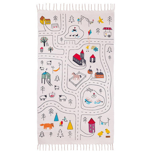 Hand-Woven Organic Cotton Kids Play Rug (59 x 35 inches) – City Road Map Design, Non-Toxic & Eco-Friendly Nursery Playroom Carpet, Soft Scandinavian Style Mat