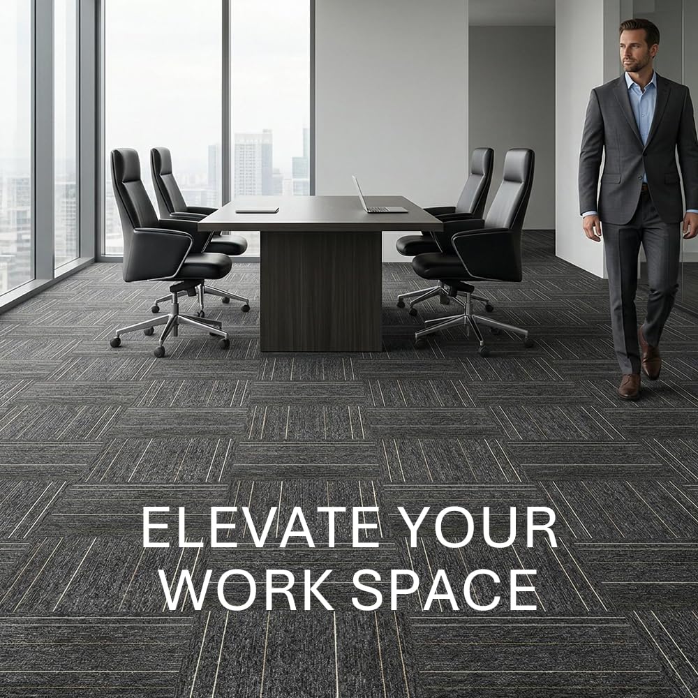 32 Pieces of Carpet 20x20 inch Square Carpet Tiles, Reusable, Non Slip, Seamless Tiles, Suitable for Indoor and Outdoor use in bedrooms, Living Rooms, Offices, etc., Easy to DIY（Dark Gray stripe-06）