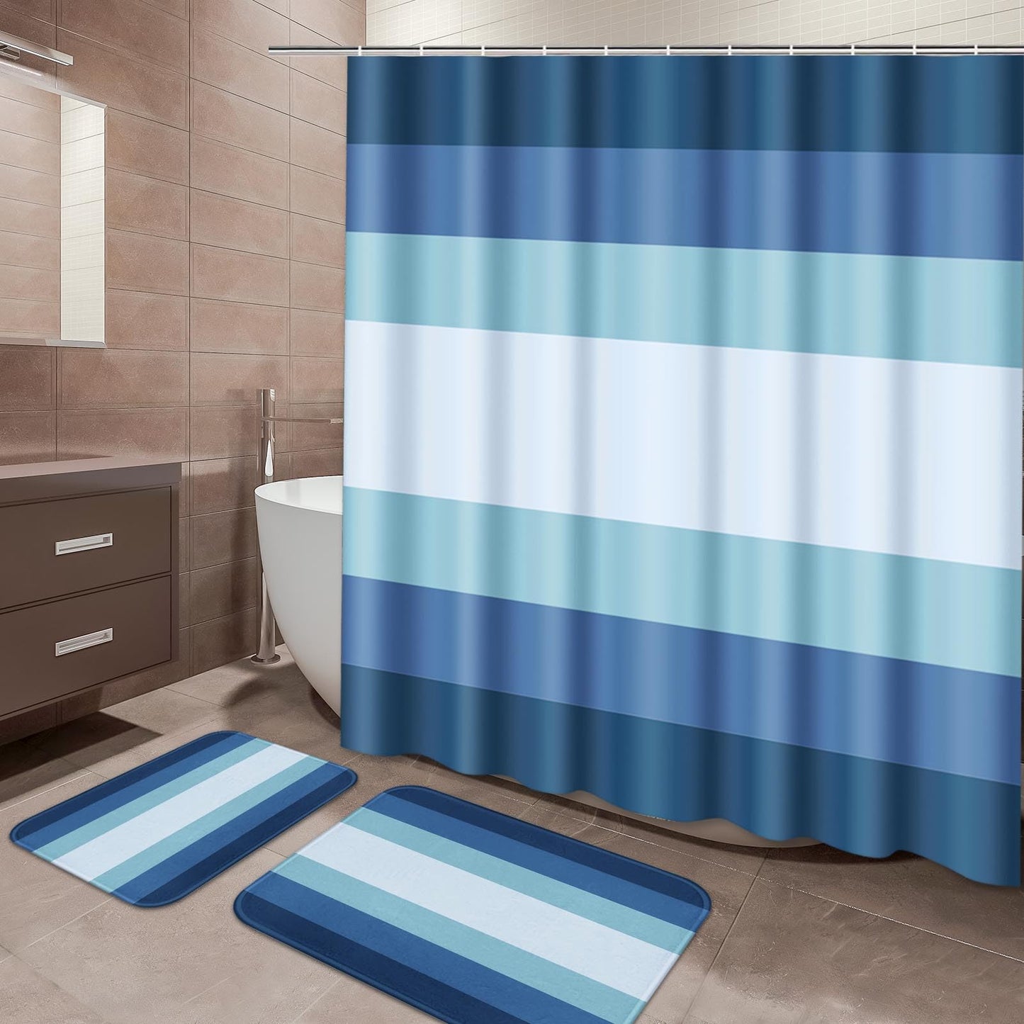 ArtSocket Navy Blue Ombre Bathroom Set with Shower Curtain and Bath Rugs and Accessories,Modern Striped Lines Non-Slip Shower Curtain Set,Bathroom Decor 3 Pcs