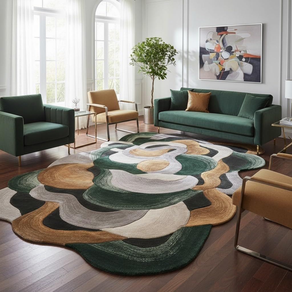 5x7 Irregular Shaped Area Rug for Living Room Bedroom Guestroom Indoor Throw Rugs Modern Abstract Art Meetingroom Home Office Lightweight Stain Resistant Floor Carpet Emerald Green Brown Gray