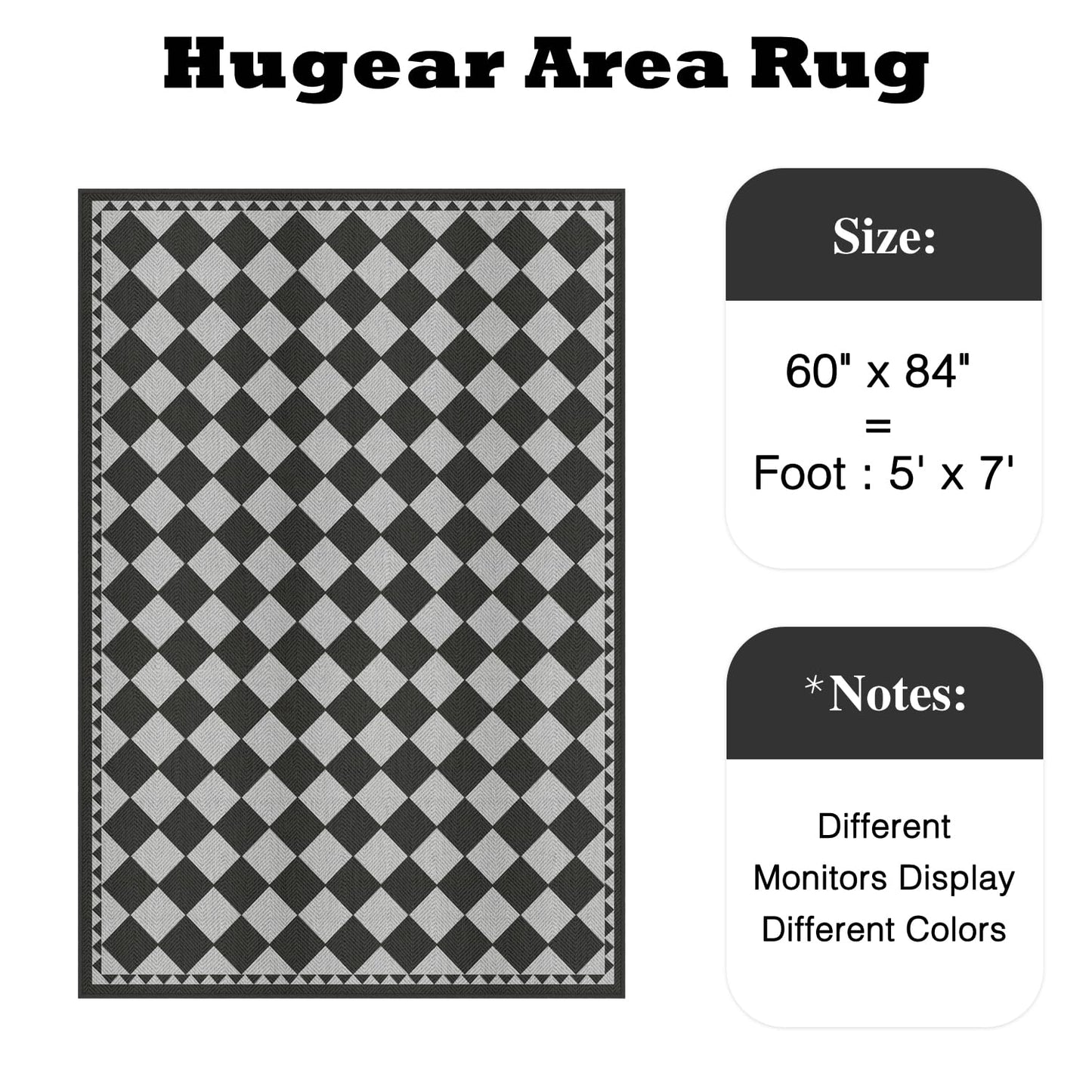 HUGEAR 5x7 Outdoor Rug Black/Grey Linen-Look Fabric Checkered Area Rug High Traffic Stain Resistant Easy Clean Durable Rugs for Indoor/Outdoor Patio Deck Balcony Porch Garden Courtyard
