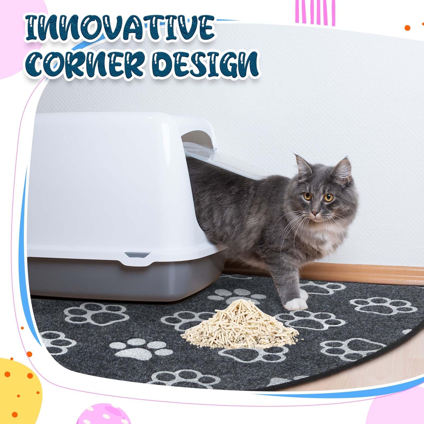 Drydiet Corner Cat Litter Mat for Small Boxes, 29" x 29" Fan-shaped Kitty Litter Trapping Mat Cute Paw Pattern with Waterproof Non-slip Backing, Machine Washable, Urine Proof