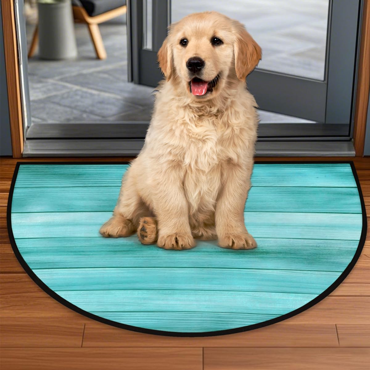 AUUXVA Half Round Door Mat Welcome Door Mats for Front Door Outdoor Indoor Entrance Half Circle Floor Mat for Home Kitchen Patio 36" x 24" (Turquoise Wooden)