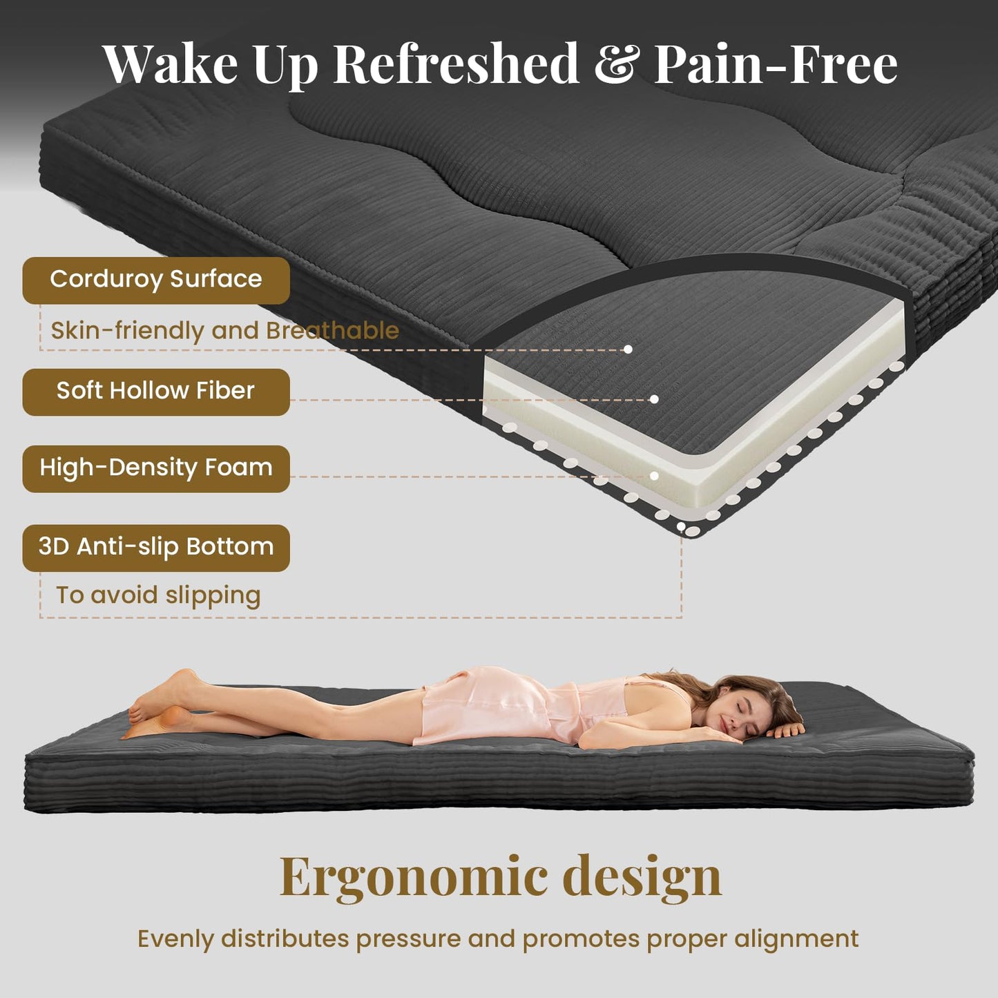 NLDD Futon Mattress Queen Size, 4" Thicken Japanese Futon Mattress Sleeping Pad, Corduroy Foldable Floor Mattress, Roll Up Tatami Mat for Adults Guest Room Bedroom, Grey