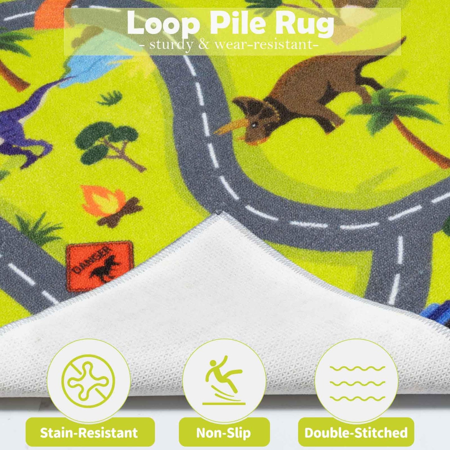 LIVEBOX Kids Dinosaur Car Rug Play Mat, Washable Playroom Rug with Roads for Toy Cars, Non Slip Safari Dino Park Adventure Carpet for Boys Bedroom（ 5.3x6.6 ft ）