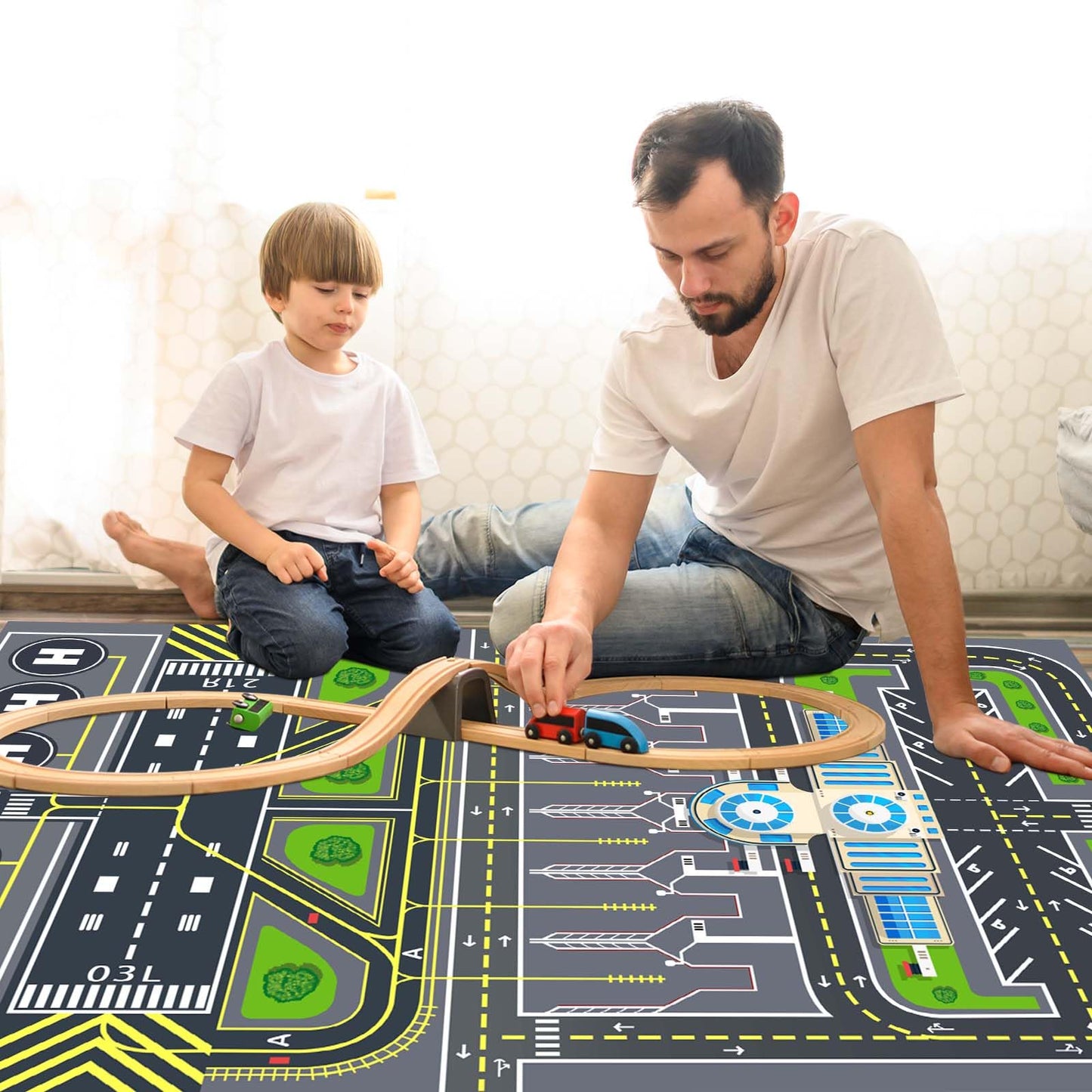 Xyrjova Play Rug for Kids Playroom 31''x47'' Airport Playmat Airplane Rug Airport Carpet with City Road Traffic System and Aircraft Runway，Non-Slip Washable Classroom Rugs Car Rugs Airports Mat