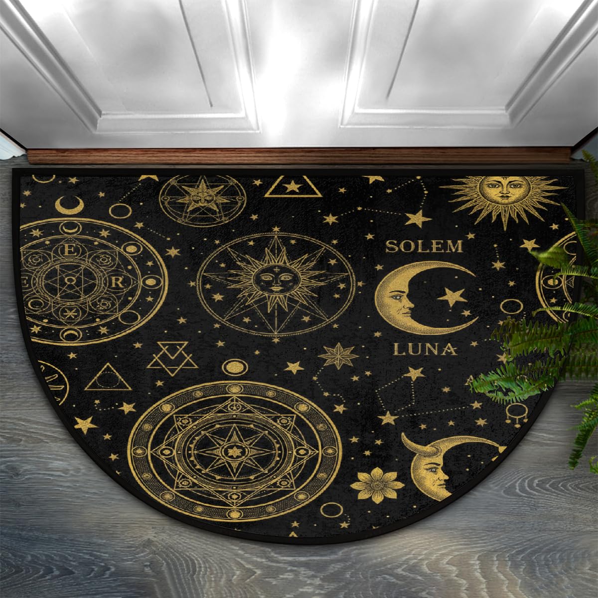 Half Circle Door Mat - Gothic Celestial Sun Moon Absorbent Non-Slip Half Round Entryway Area Rug - Soft Cute Semicircular Washable Carpet for Bathroom Bedroom Kitchen, 36"x24"