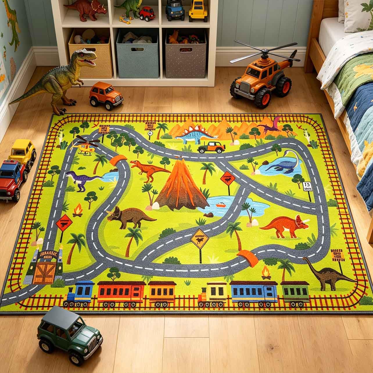 LIVEBOX Kids Dinosaur Car Rug 3x5, Play Rugs with Roads for Toy Cars, Washable Non Slip Advanture Dino Carpet for Boys Bedroom, Playroom