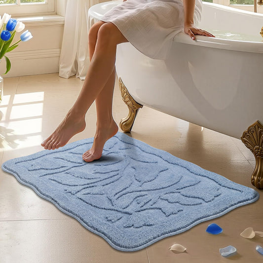BSICPRO Light Blue Bathroom Rugs, 24x36 Non Slip Floral Bath Mat, Extra Soft Washable Absorbent Quick Dry Microfiber Bath Rugs, Cute Scalloped Shower Floor Mat for Bathroom Decor