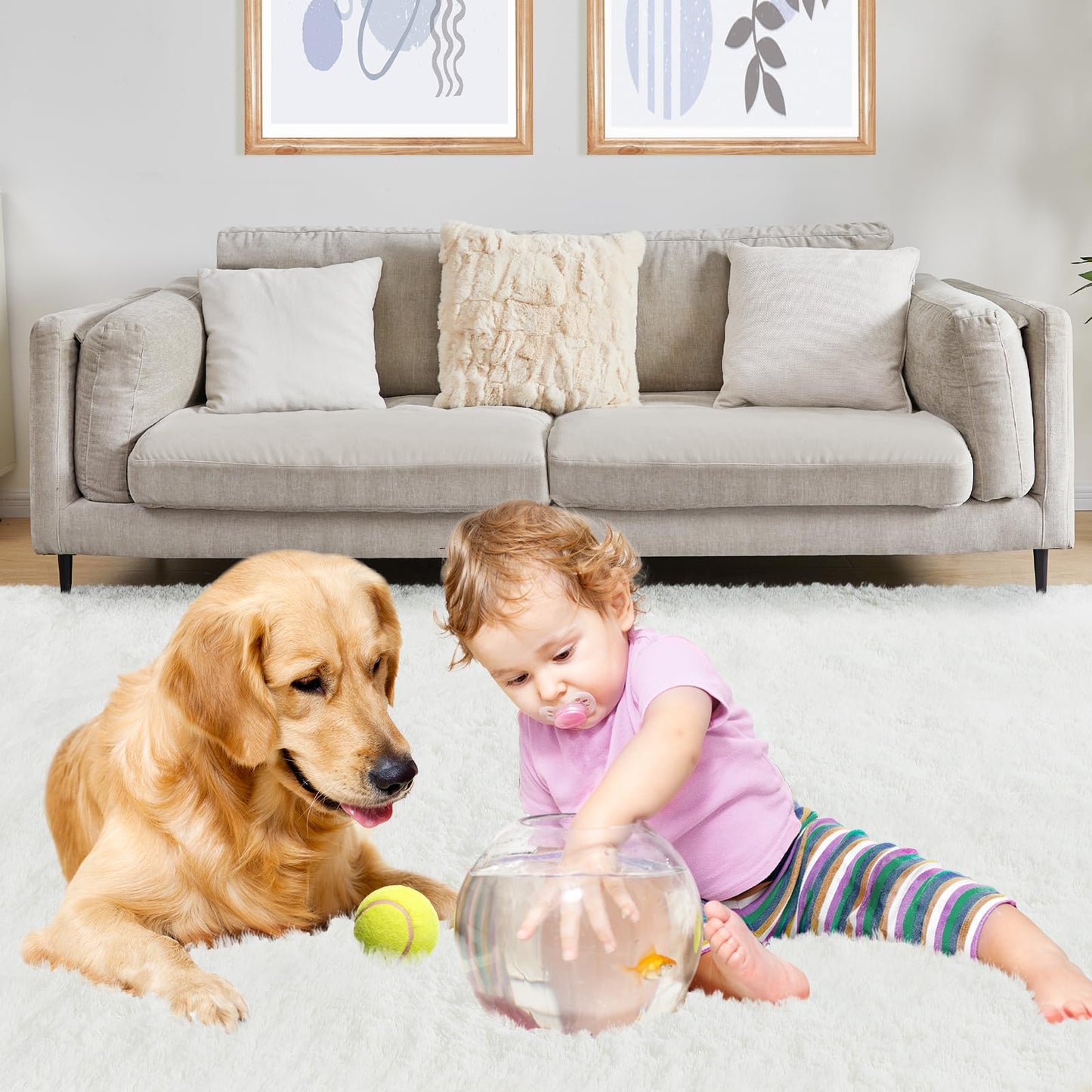 Puremy Fluffy White Rugs for Bedroom, 5x7 Plush Cream Area Rugs for Living Room, Non-Slip Shag Floor Carpet for Kids Room, Girls Room, Bedside, Playroom, Indoor Decor