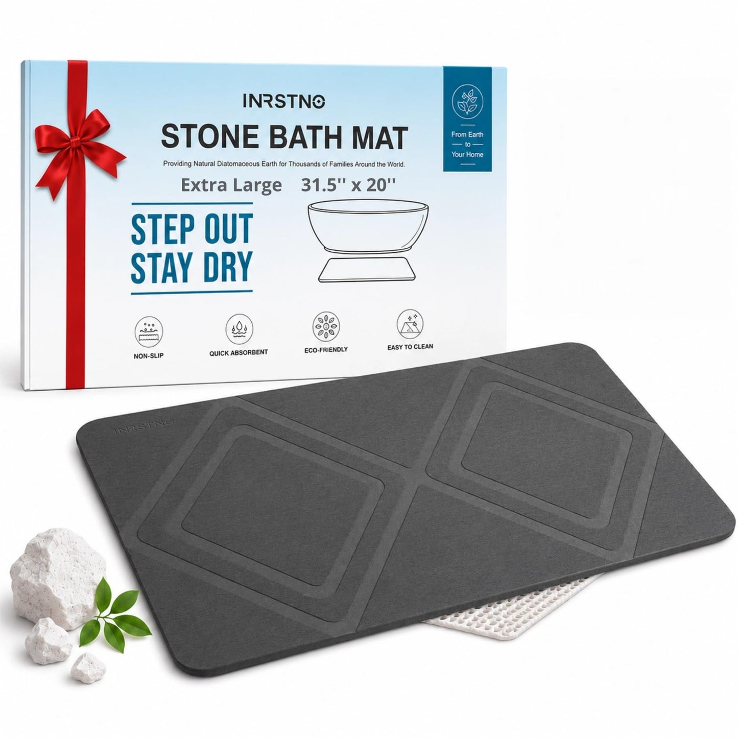 INRSTNO Premium Stone Bath Mat, Diamond Pattern, Quick Dry Diatomaceous Earth Bath Mat for Bathroom, Super Absorbent, Non-Slip & Easy to Clean, Large 31.5" x 20"