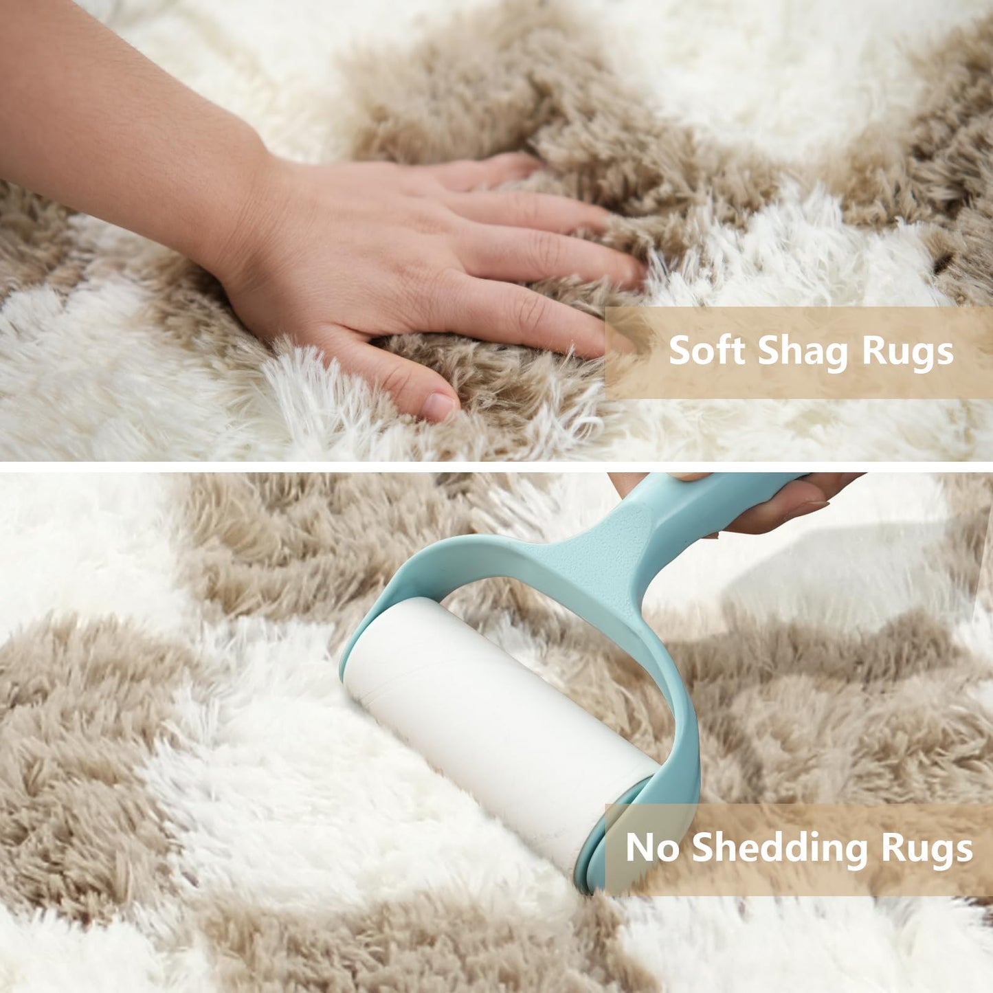 Checkered Area Rugs for Living Room 8x10, Fluffy Beige and White Checkered Rug Fuzzy Shag Shaggy Carpets for Bedroom, Soft Plush Furry Rug for Teen Room Dorm Home Decor