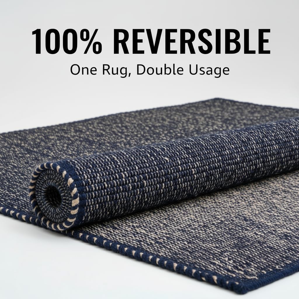 Navy 3x5 Jute Rug Braided Construction - Farmhouse Woven Carpet - Nautical Floor Covering for Bedroom Laundry Room, 3' x 5'