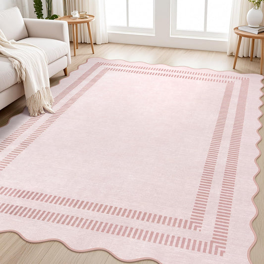 LORWER Pink Rugs for Bedroom Girls, 5x7 Washable Non Slip Area Rugs for Living Room, Soft Vintage Ultra-Thin Scalloped Carpet for Nursery Dorm Home Decor