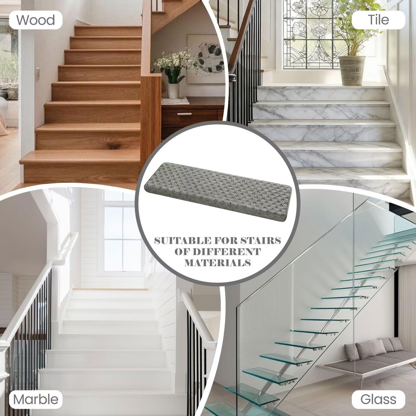 DEXDE Bullnose Carpet Stair Treads Non Slip for Wooden Steps Indoor, 30" x 9.5" x 1.7" (7 Pack) Grey - Peel and Stick Stair Runner Rugs with Edge Protection, Washable & Reusable Pet Friendly Mats