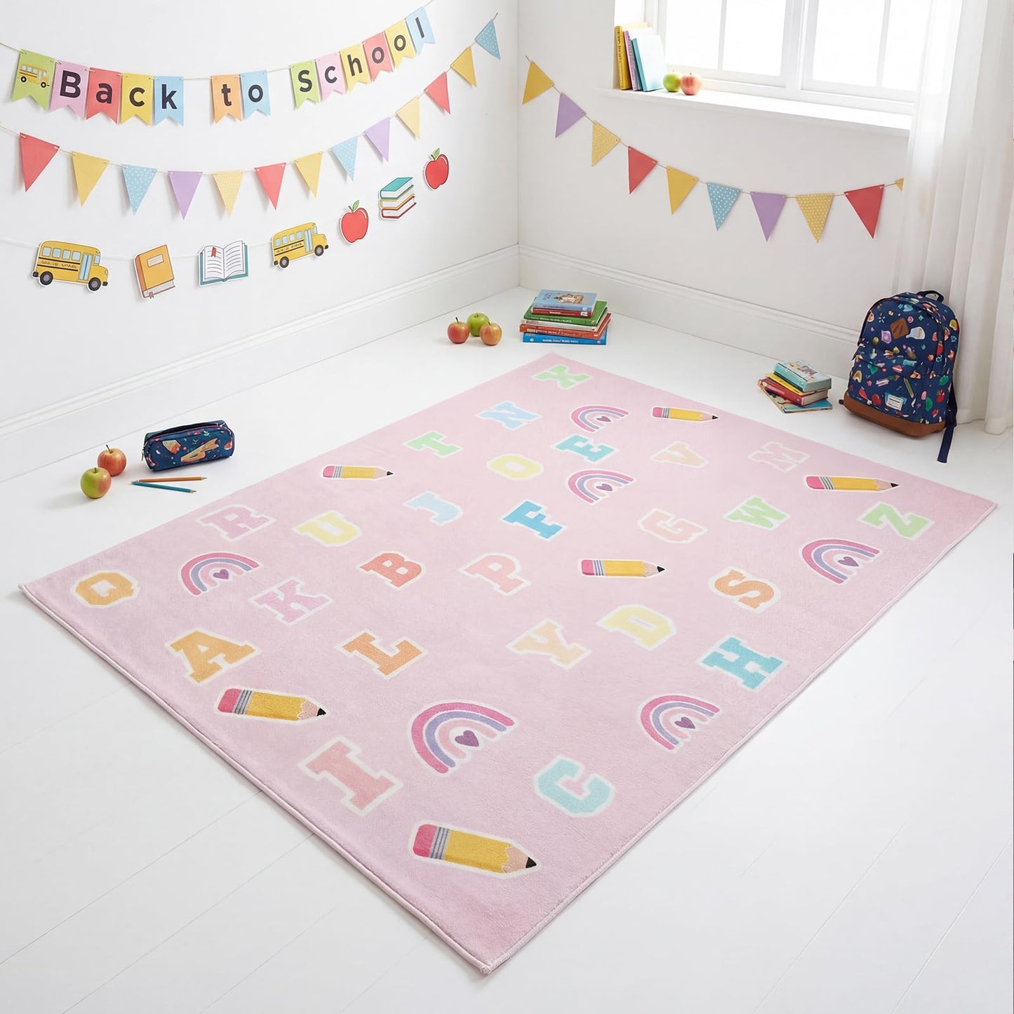Breling 4 x 3.2 ft ABC Alphabet Rug, Pink Boho ABC Learning Rug for Toddlers, Educational Floor Mat Non-Slip Reading Corner Emotion Soft Fluffy for Classroom, Preschool, Playroom