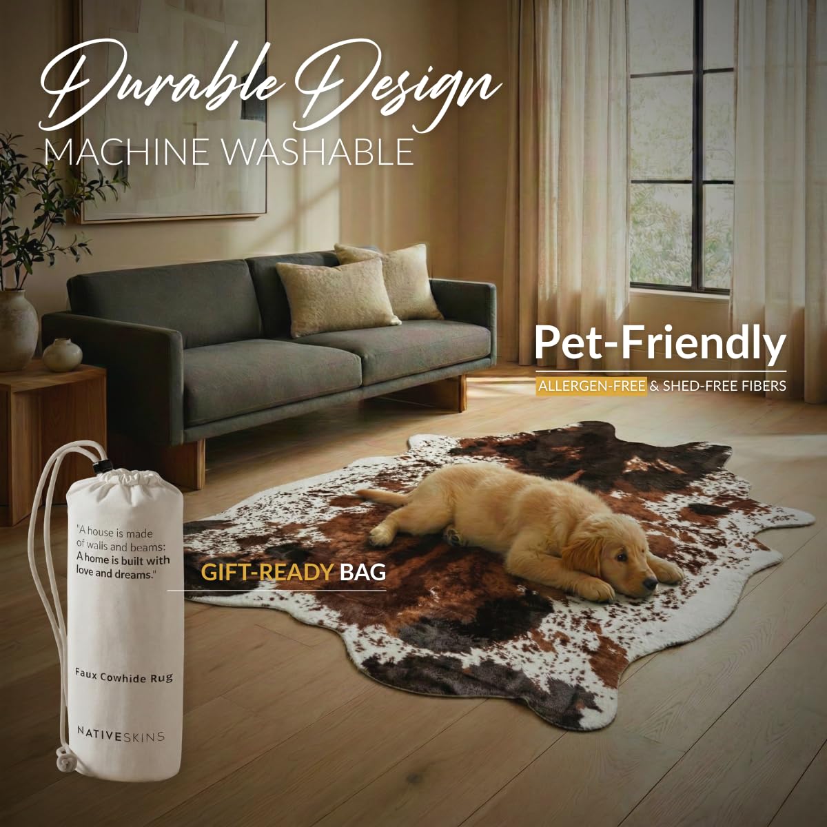 NativeSkins Faux Cowhide Rug 4'7" x 6'7" – Brown Cow Print Area Rug for Living Room & Bedroom – Non-Shedding, Flat-Lay, Pet-Friendly – Faux Suede Grip Backing – Vegan Western Farmhouse Decor