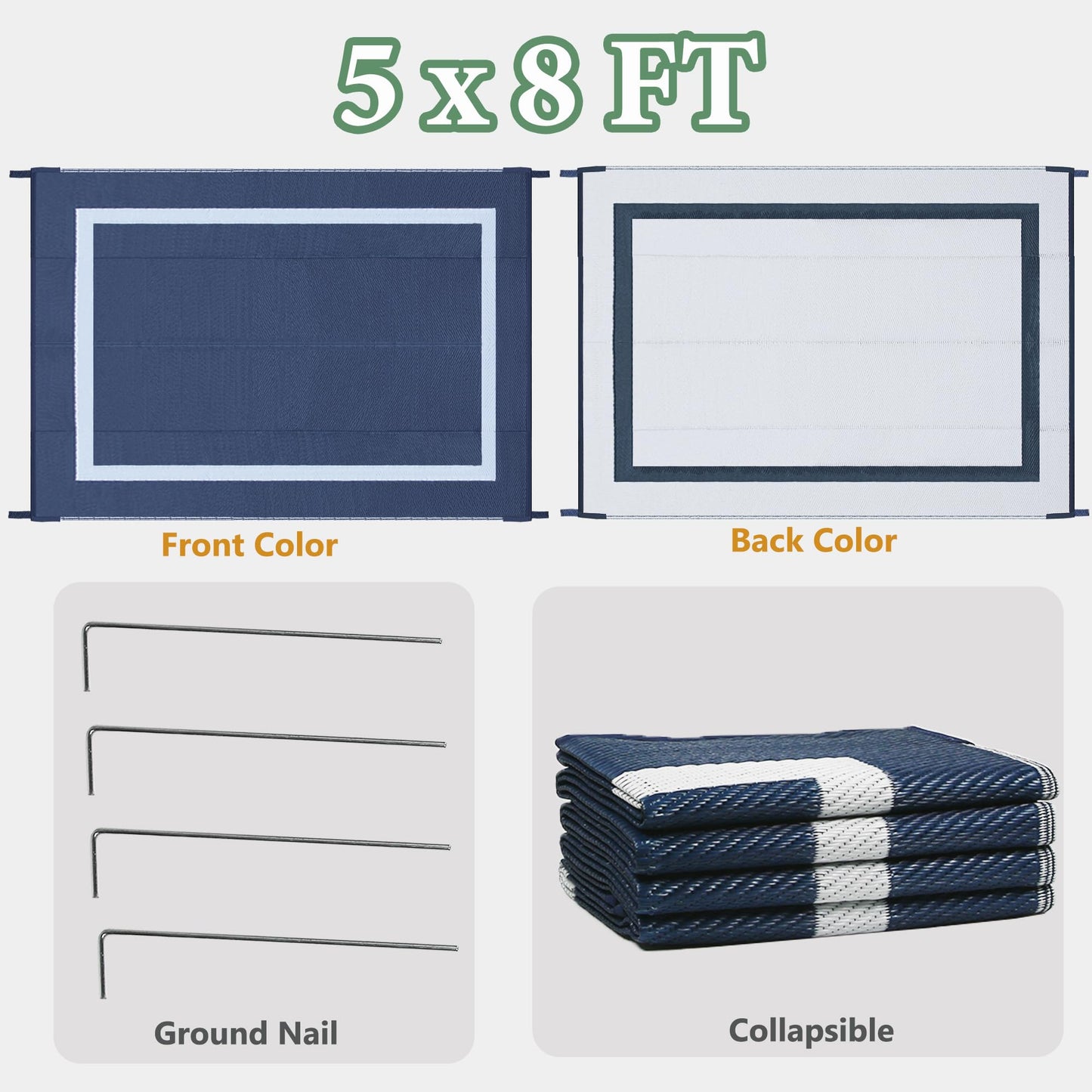 Ogrmar 5x8 FT Reversible Mats, Outdoor Rug for Patio Clearance, Waterproof Carpet, Plastic Straw Rug for Indoor Outdoor, Floor Mat&Rug for RV Porch Camping Backyard Deck Balcony Beach Trailer (Blue)