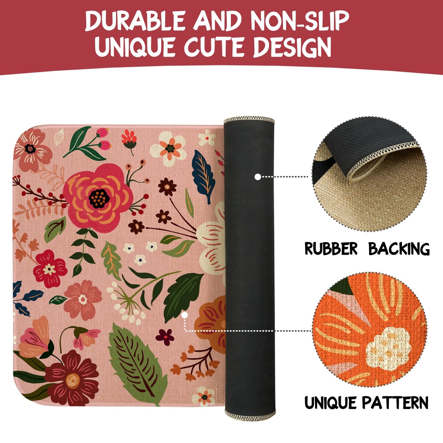 Xsinufn Boho Floral Kitchen Mat Set of 2,Modern Farmhouse Flowers Kitchen Rugs and Mats Non Skid Washable,Spring Summer Bohemian Kitchen Runner Rugs with Rubber Backing (Pink 17"x47"+17"x30")