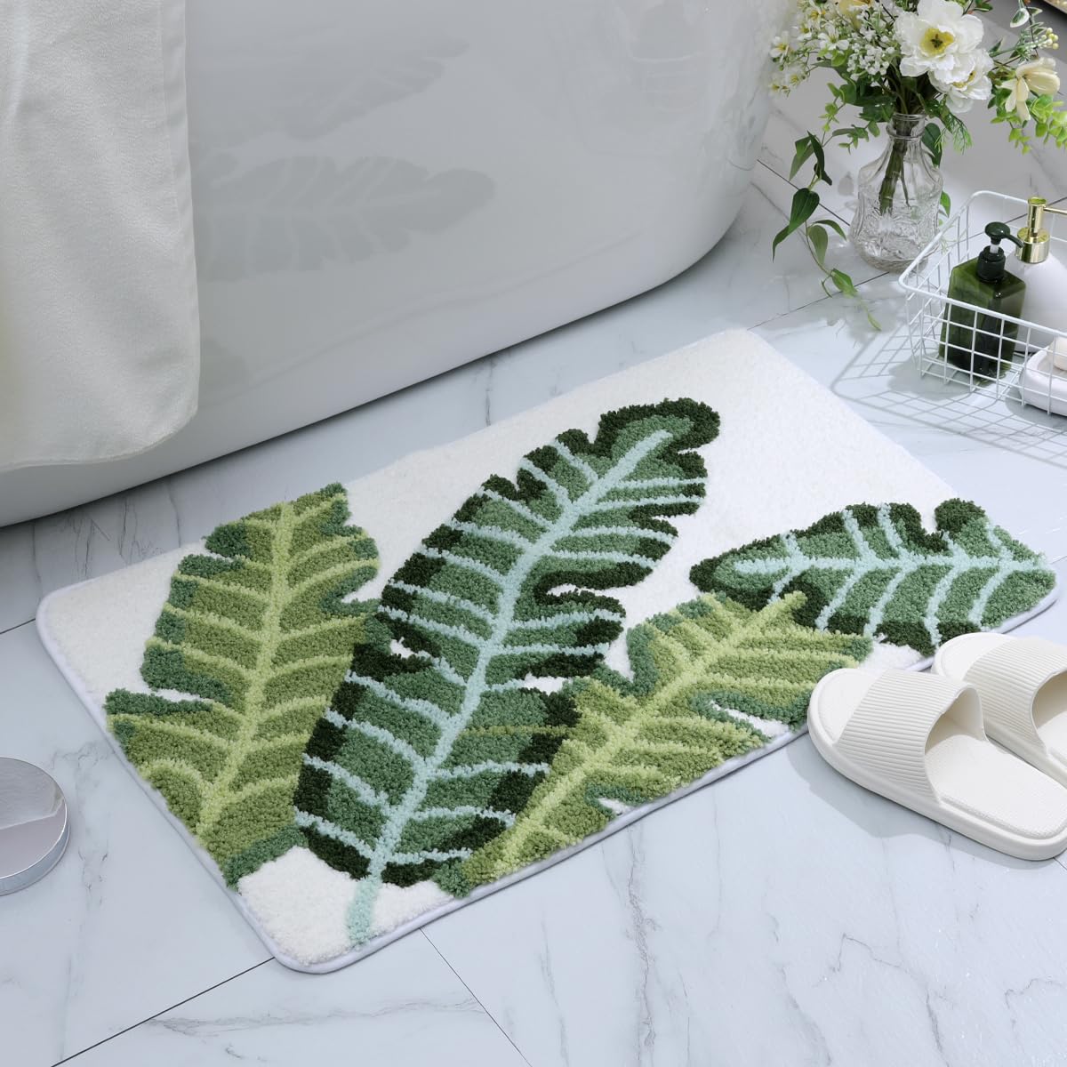 Loismood Palm Leaf Bathroom Mat Quick-Drying and Soft Microfiber Carpet Macine Wash Non Slip Rug for Bedroom, Sink and Shower (23"x16")