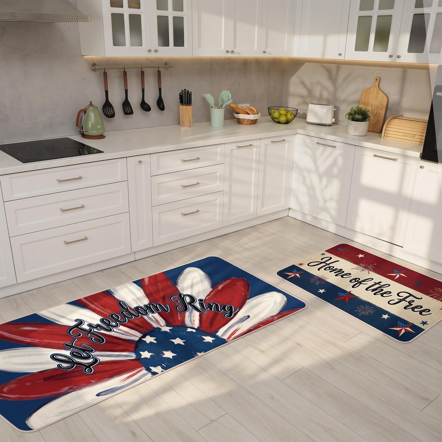 Dunzy 3 Pcs 4th of July Kitchen Rugs Independence Day Patriotic Kitchen Mats American Rugs Non Slip Washable Mats for Floor Home 250th Anniversary Decor, 17 x 30, 17 x 30 and 17 x 47 inch