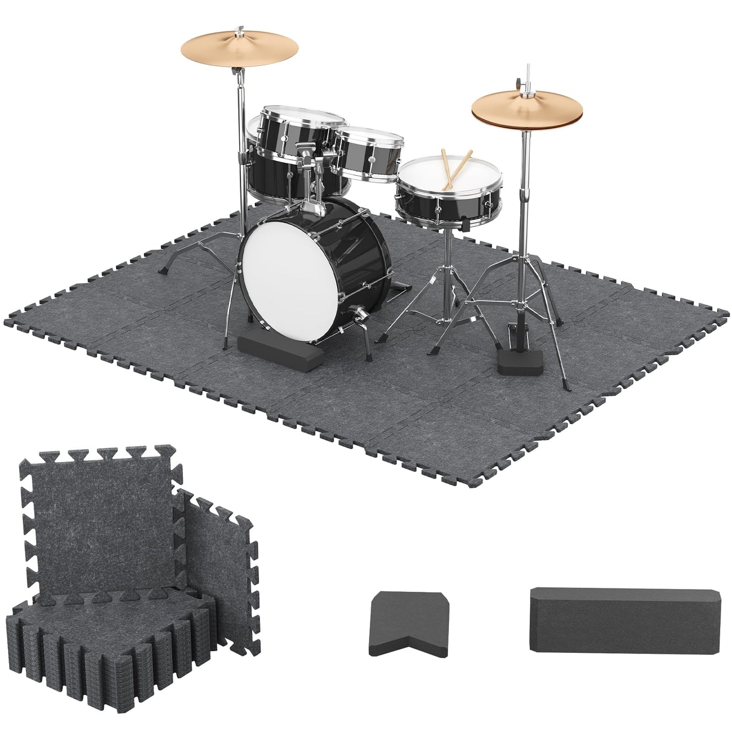 TONOR Drum Mat Set, 20PCS, each 11.8'' x 11.8'' x 0.35'', Floor Drum Mat with Non-slip Bottom, Thick Sound Absorbing Floor Mat for Electric Drum Set, Soundproof Carpet with Bass Drum Anchor, Medium
