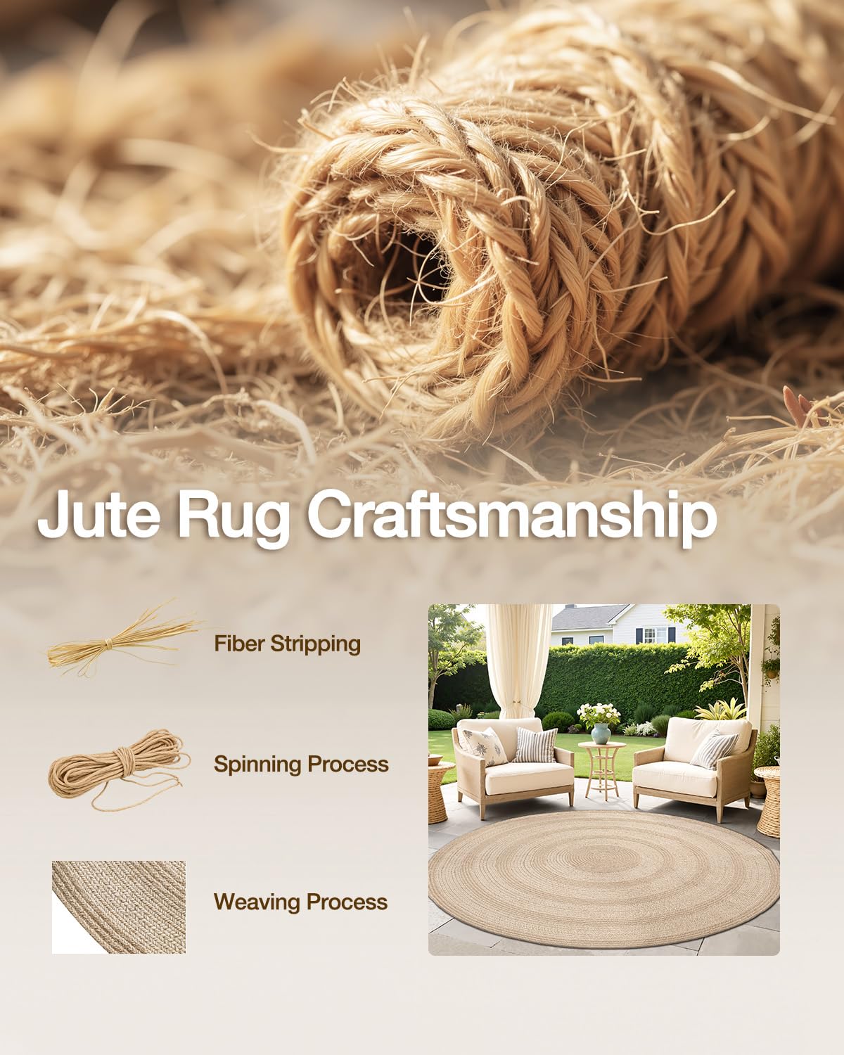LUMI Jute Area Rug 5ft Round for Living Room, Natural Braided Woven Rugs Non Slip, Neutral Farmhouse Carpets No Shedding, Durable for High Traffic, Dining Room, Indoor, Outdoor, Patio