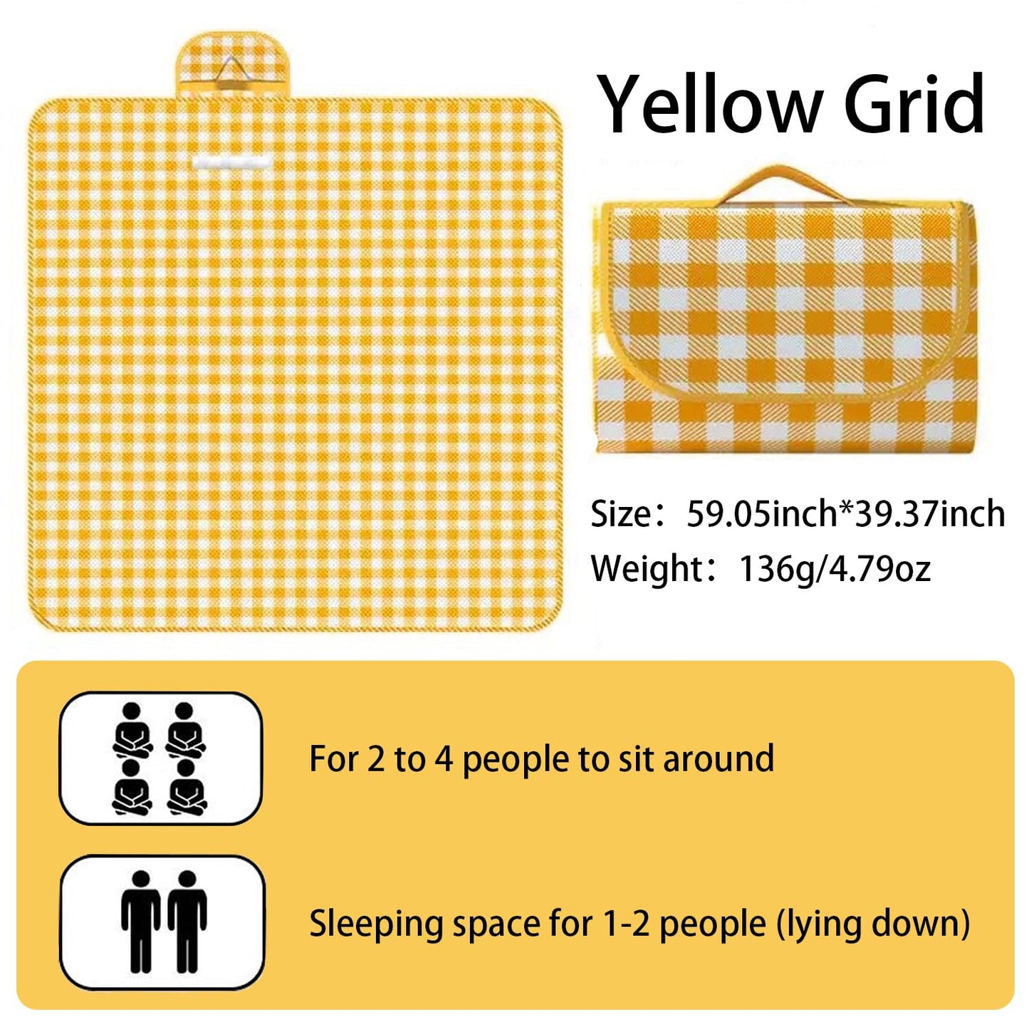EIYNIY Large Picnic Blanket Waterproof and Sand Proof -59x39 inch Large Outdoor Beach Mat, Portable Foldable Blanket, Suitable for Camping, Parks, Families, Adults, Children, and Pets (Yellow-M)