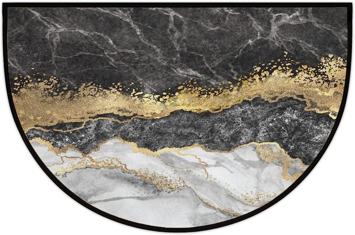 Creative Textured Marble Door Mat Black White Gold Welcome Half Round Door Mat Outdoor Entrance,for Outside Entry 18x30 in Wear Resistant Semi Circle Floor Mats Area Rugs for Balcony Kitchen