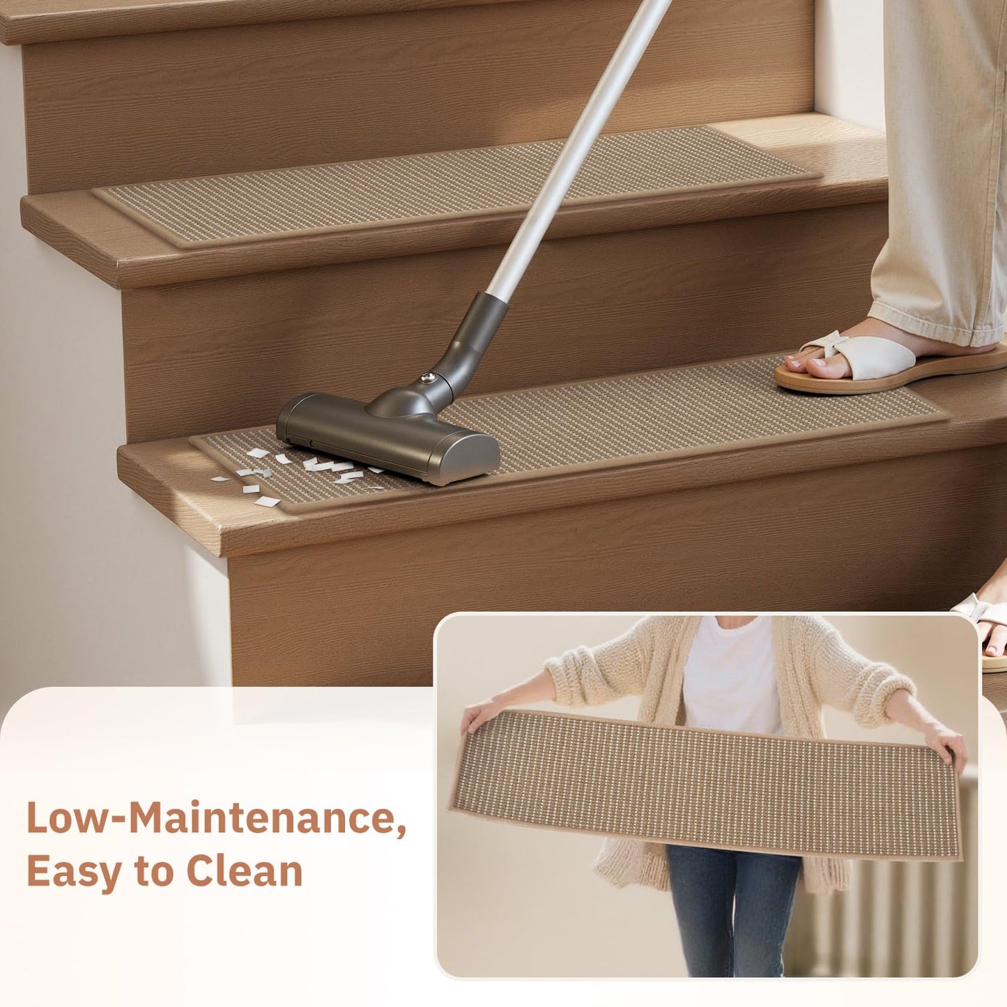 15PC Jute Stair Treads for Wooden Steps-Non Slip Peel and Stick Stair Treads Indoor, Adhesive Staircase Step Treads Residue Free, Cat-Friendly & Scratch-Resistant Durable Stair Runner Rug,8"x30" Beige