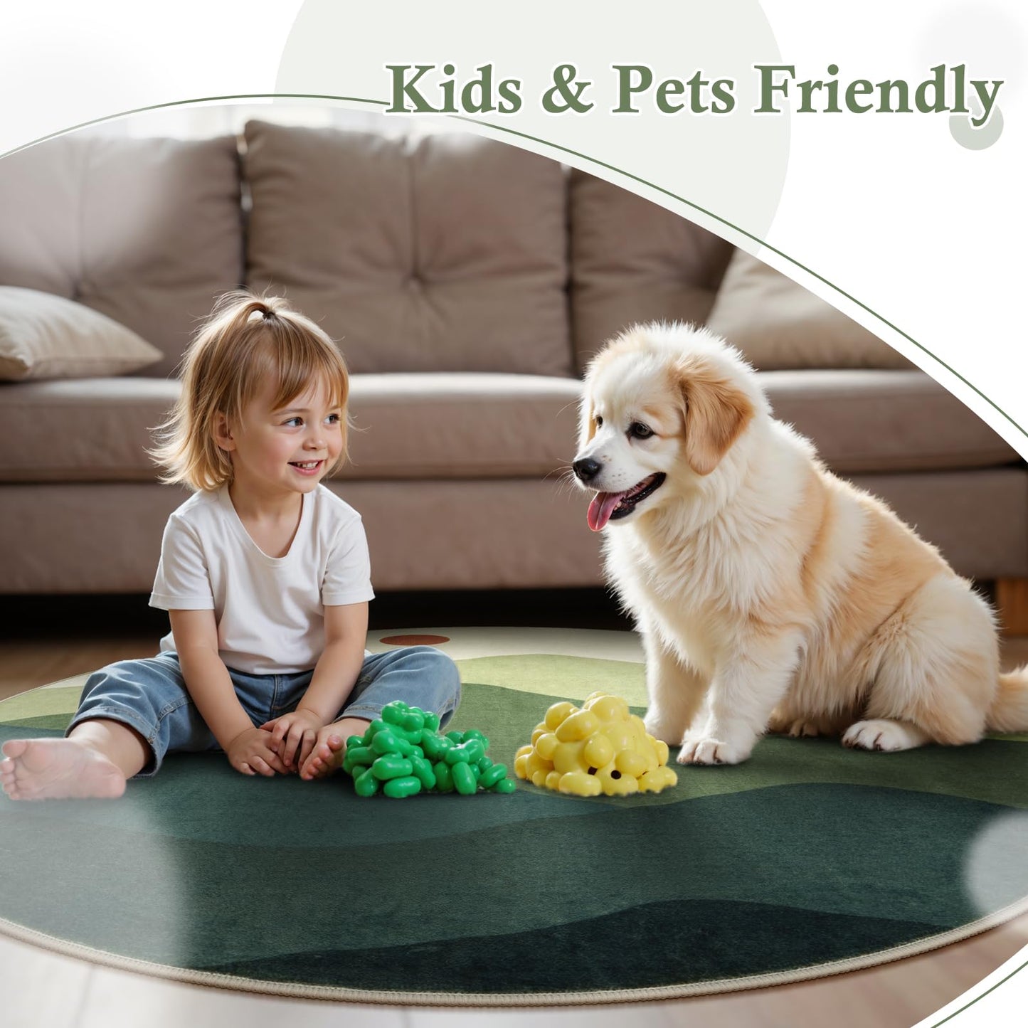 Sungea 6ft Round Rugs for Living Room,Soft Washable Non-Slip Large Circle Rug,Chic Mountain Low-Pile Circular Bedroom Rug Indoor Round Carpets for Kidsroom/Nursery/Office(Green)
