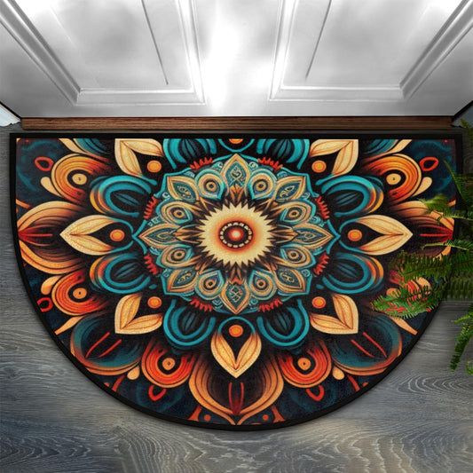 Bohemian Flower Half Round Doormat Boho Floral Washable Semi Circle Area Rug Non Slip Absorbent Half Moon Rug for Indoor Outdoor Bathroom Kitchen Patio Front Welcome Fireplace Hearth Floor Mat